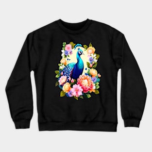 A Cute Peacock Surrounded by Bold Vibrant Spring Flowers Crewneck Sweatshirt